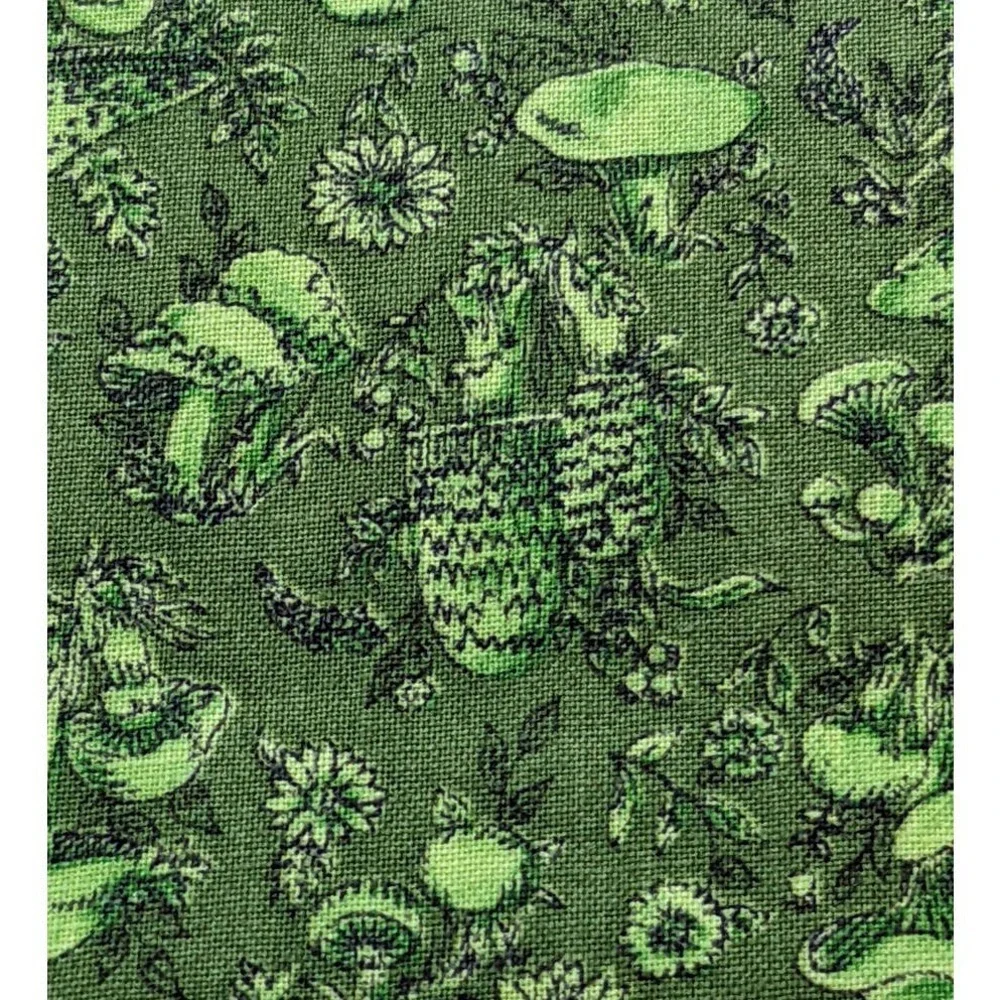 Vintage 1970's Mushroom Fabric Avocado Green Cottagecore Funky Calico Print‎ 3yd